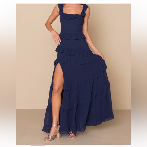 Lulus Dresses & Skirts - NWT Lulus Compelling Romantic Dark Blue
Ruffled Tiered Maxi Dress